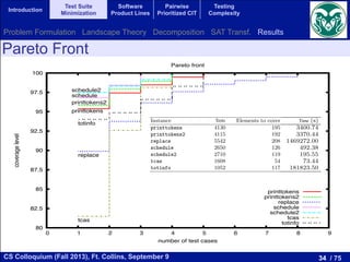 34 / 75CS Colloquium (Fall 2013), Ft. Collins, September 9
Introduction
Test Suite
Minimization
Software
Product Lines
Pairwise
Prioritized CIT
Testing
Complexity
Pareto Front
80
82.5
85
87.5
90
92.5
95
97.5
100
0 1 2 3 4 5 6 7 8 9
coveragelevel
number of test cases
Pareto front
printtokens
printtokens2
replace
schedule
schedule2
tcas
totinfo
printtokens
printtokens2
replace
schedule
schedule2
tcas
totinfo
The result is an instance with fewer test cases but having the same Pareto front.
These transformed instances were solved using Algorithm 2. Table 1 shows the
size of the test suites with and without the reduction for each program. We can
observe a really great reduction in the number of test cases when the previous
approach is used.
Table 1: Details of the instances used in the experiments
Instance Original Size Reduced Size Elements to cover
printtokens 4130 40 195
printtokens2 4115 28 192
replace 5542 215 208
schedule 2650 4 126
schedule2 2710 13 119
tcas 1608 5 54
totinfo 1052 21 117
In Table 2 we present the Pareto optimal set and the Pareto front for the
instances described above. The columns “Tests” and “Elements” correspond to
the functions cost and cov of the 2-obj TSMP. The column “Coverage” is the
number of covered elements divided by the total number of elements. The optimal
solution for the 1-obj TSMP can be found in the lines with 100% coverage,
as explained in Section 3. It is not common to show the Pareto optimal set
or the Pareto front in numbers in the multi-objective literature because only
approximate Pareto fronts can be obtained for NP-hard problems. However, in
this case we obtain the exact Pareto fronts and optimal sets, so we think that this
The result is an instance with fewer test cases but having the same Pareto front.
These transformed instances were solved using Algorithm 2. Table 1 shows the
size of the test suites with and without the reduction for each program. We can
observe a really great reduction in the number of test cases when the previous
approach is used.
Table 1: Details of the instances used in the experiments
Instance Original Size Reduced Size Elements to cover
printtokens 4130 40 195
printtokens2 4115 28 192
replace 5542 215 208
schedule 2650 4 126
schedule2 2710 13 119
tcas 1608 5 54
totinfo 1052 21 117
In Table 2 we present the Pareto optimal set and the Pareto front for the
instances described above. The columns “Tests” and “Elements” correspond to
the functions cost and cov of the 2-obj TSMP. The column “Coverage” is the
number of covered elements divided by the total number of elements. The optimal
solution for the 1-obj TSMP can be found in the lines with 100% coverage,
as explained in Section 3. It is not common to show the Pareto optimal set
or the Pareto front in numbers in the multi-objective literature because only
approximate Pareto fronts can be obtained for NP-hard problems. However, in
this case we obtain the exact Pareto fronts and optimal sets, so we think that this
80
0 1 2 3
tcas
Fig. 1: Pareto fron
Table 3: Information about clauses-t
gorithm 2, average coverage and num
rithms for the instances from SIR.
Instance Ratio Algorithm 2
Original (s) Reduced (
printtokens 4.61 3400.74 2.1
printtokens2 4.61 3370.44 1.4
replace 4.62 1469272.00 345.6
schedule 2.19 492.38 0.2
schedule2 4.61 195.55 0.2
tcas 4.61 73.44 0.3
totinfo 4.53 181823.50 0.9
independent runs. However, the requ
printtokens, printtokens2 and re
rest of the programs. However, we sh
the result is an optimal solution, as
Tests Time
Problem Formulation Landscape Theory Decomposition SAT Transf. Results
 