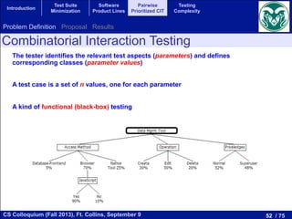 52 / 75CS Colloquium (Fall 2013), Ft. Collins, September 9
Introduction
Test Suite
Minimization
Software
Product Lines
Pairwise
Prioritized CIT
Testing
Complexity
The tester identifies the relevant test aspects (parameters) and defines
corresponding classes (parameter values)
A test case is a set of n values, one for each parameter
A kind of functional (black-box) testing
Combinatorial Interaction Testing
Problem Definition Proposal Results
 