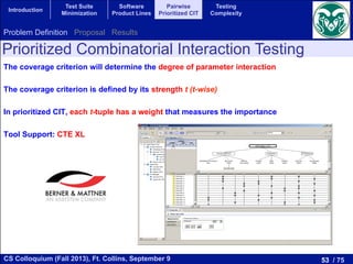53 / 75CS Colloquium (Fall 2013), Ft. Collins, September 9
Introduction
Test Suite
Minimization
Software
Product Lines
Pairwise
Prioritized CIT
Testing
Complexity
The coverage criterion will determine the degree of parameter interaction
The coverage criterion is defined by its strength t (t-wise)
In prioritized CIT, each t-tuple has a weight that measures the importance
Tool Support: CTE XL
Prioritized Combinatorial Interaction Testing
Problem Definition Proposal Results
 