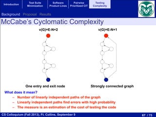 67 / 75CS Colloquium (Fall 2013), Ft. Collins, September 9
Introduction
Test Suite
Minimization
Software
Product Lines
Pairwise
Prioritized CIT
Testing
Complexity
v(G)=E-N+2
One entry and exit node
v(G)=E-N+1
Strongly connected graph
McCabe’s Cyclomatic Complexity
What does it mean?
–  Number of linearly independent paths of the graph
–  Linearly independent paths find errors with high probability
–  The measure is an estimation of the cost of testing the code
Background Proposal Results
 