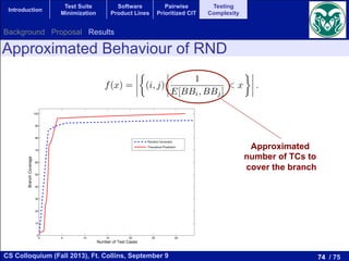 74 / 75CS Colloquium (Fall 2013), Ft. Collins, September 9
Introduction
Test Suite
Minimization
Software
Product Lines
Pairwise
Prioritized CIT
Testing
Complexity
Approximated Behaviour of RND
complexity measures or other known static measures like the nesting degree.
ther use of the Branch Coverage Expectation
e detailed in Section 3 for each branch (BBi, BBj) the expected number of test cases
t is 1/E[BBi, BBj]. Then, given a number of test cases x, we can compute the number
ld be theoretically traversed if the tester execute x random test cases, according to th
f(x) =
⇢
(i, j)
1
E[BBi, BBj]
< x .
ks to this estimation, we propose a theoretical prediction about the behaviour of an au
erator based on random testing.
gure 9 we show a plot for a particular program with the expected theoretical behavi
experimental data obtained using the average branch coverage of the 30 independent e
generator for that program. The features of this test program are shown in Table 9. T
how that our theoretical prediction and the experimental data are very similar. Th
n is more optimistic because it does not take into account data dependencies. At th
gorithm, the experimental behaviour is better than the theoretical prediction, but in
erage (close to 90%), the behaviour of the RND test case generator is worse than ex
on for this behaviour could be the presence of data dependencies in the program,
d in the theoretical approach in order to keep it simple.
100
his estimation, we propose a theoretical prediction about the behaviour of an automatic test
based on random testing.
we show a plot for a particular program with the expected theoretical behaviour together
mental data obtained using the average branch coverage of the 30 independent executions of
tor for that program. The features of this test program are shown in Table 9. The resulting
at our theoretical prediction and the experimental data are very similar. The theoretical
ore optimistic because it does not take into account data dependencies. At the ﬁrst steps
m, the experimental behaviour is better than the theoretical prediction, but in the region of
close to 90%), the behaviour of the RND test case generator is worse than expected. One
this behaviour could be the presence of data dependencies in the program, which is not
he theoretical approach in order to keep it simple.
0 5 10 15 20 25 30
0
10
20
30
40
50
60
70
80
90
100
Number of Test Cases
BranchCoverage
Random Generator
Theoretical Prediction Approximated
number of TCs to
cover the branch
Background Proposal Results
 