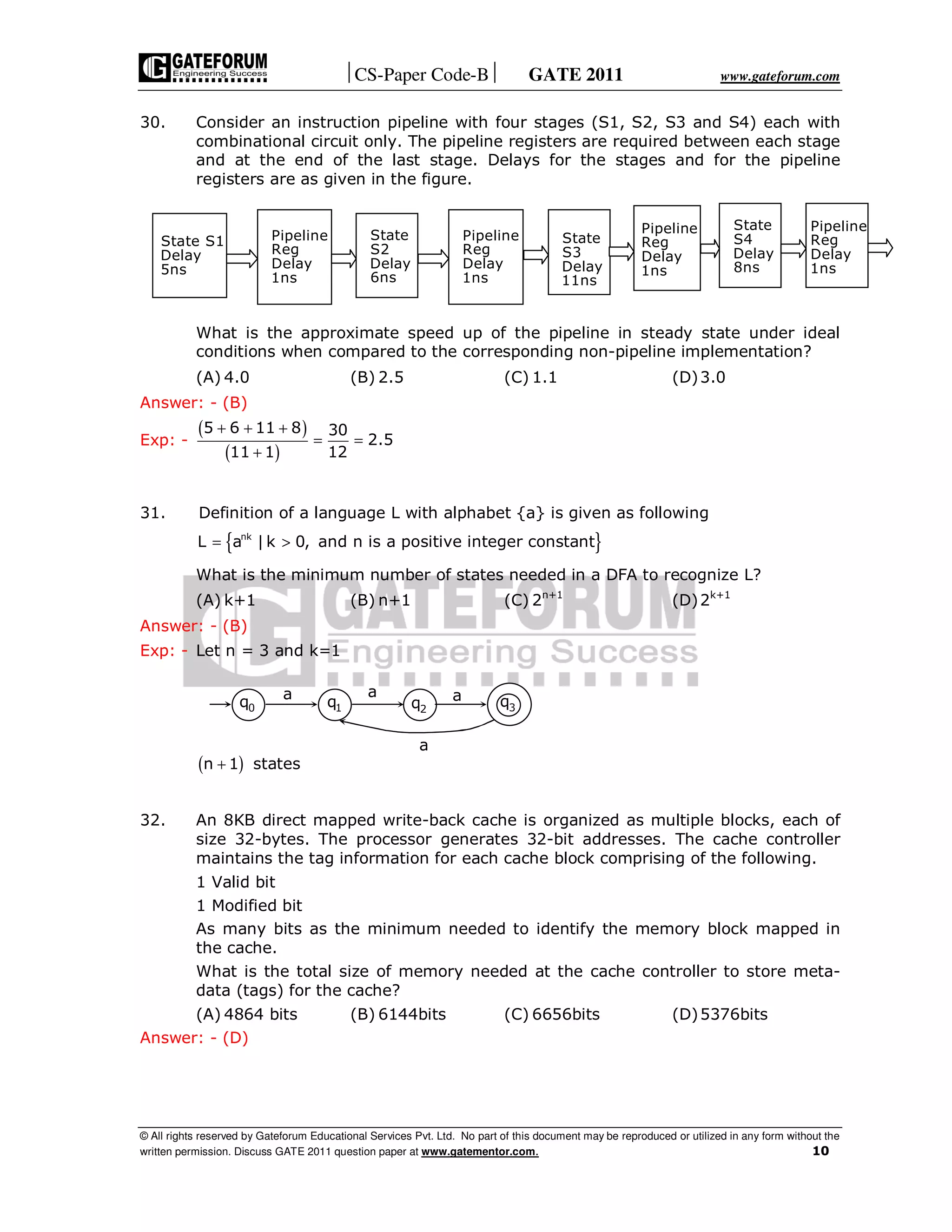 CS-Paper Code-B GATE 2011 www.gateforum.com
© All rights reserved by Gateforum Educational Services Pvt. Ltd. No part of this document may be reproduced or utilized in any form without the
written permission. Discuss GATE 2011 question paper at www.gatementor.com. 10
30. Consider an instruction pipeline with four stages (S1, S2, S3 and S4) each with
combinational circuit only. The pipeline registers are required between each stage
and at the end of the last stage. Delays for the stages and for the pipeline
registers are as given in the figure.
What is the approximate speed up of the pipeline in steady state under ideal
conditions when compared to the corresponding non-pipeline implementation?
(A) 4.0 (B) 2.5 (C) 1.1 (D)3.0
Answer: - (B)
Exp: -
( )
( )
5 6 11 8 30
2.5
11 1 12
+ + +
= =
+
31. Definition of a language L with alphabet {a} is given as following
{ }nk
L a |k 0, and n is a positive integer constant= >
What is the minimum number of states needed in a DFA to recognize L?
(A) k+1 (B) n+1 (C) 2n+1
(D)2k+1
Answer: - (B)
Exp: - Let n = 3 and k=1
( )n 1+ states
32. An 8KB direct mapped write-back cache is organized as multiple blocks, each of
size 32-bytes. The processor generates 32-bit addresses. The cache controller
maintains the tag information for each cache block comprising of the following.
1 Valid bit
1 Modified bit
As many bits as the minimum needed to identify the memory block mapped in
the cache.
What is the total size of memory needed at the cache controller to store meta-
data (tags) for the cache?
(A) 4864 bits (B) 6144bits (C) 6656bits (D)5376bits
Answer: - (D)
State S1
Delay
5ns
Pipeline
Reg
Delay
1ns
State
S2
Delay
6ns
State
S3
Delay
11ns
Pipeline
Reg
Delay
1ns
State
S4
Delay
8ns
Pipeline
Reg
Delay
1ns
Pipeline
Reg
Delay
1ns
a a a
a
0q 1q 2q 3q
 