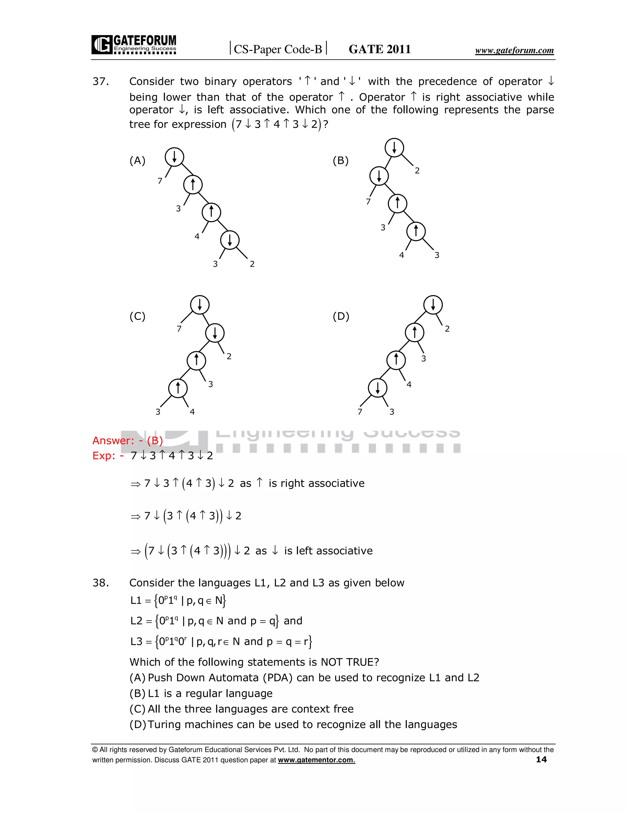 CS-Paper Code-B GATE 2011 www.gateforum.com
© All rights reserved by Gateforum Educational Services Pvt. Ltd. No part of this document may be reproduced or utilized in any form without the
written permission. Discuss GATE 2011 question paper at www.gatementor.com. 14
37. Consider two binary operators ' ' and ' '↑ ↓ with the precedence of operator ↓
being lower than that of the operator ↑ . Operator ↑ is right associative while
operator ↓, is left associative. Which one of the following represents the parse
tree for expression ( )7 3 4 3 2 ?↓ ↑ ↑ ↓
(A) (B)
(C) (D)
Answer: - (B)
Exp: - 7 3 4 3 2↓ ↑ ↑ ↓
( )7 3 4 3 2⇒ ↓ ↑ ↑ ↓ as ↑ is right associative
( )( )7 3 4 3 2⇒ ↓ ↑ ↑ ↓
( )( )( )7 3 4 3 2⇒ ↓ ↑ ↑ ↓ as ↓ is left associative
38. Consider the languages L1, L2 and L3 as given below
{ }
{ }
{ }
p q
p q
p q r
L1 0 1 |p,q N
L2 0 1 |p,q N and p q and
L3 0 1 0 |p,q,r N and p q r
= ∈
= ∈ =
= ∈ = =
Which of the following statements is NOT TRUE?
(A) Push Down Automata (PDA) can be used to recognize L1 and L2
(B) L1 is a regular language
(C) All the three languages are context free
(D)Turing machines can be used to recognize all the languages
7
3
4
23
7
34
2
3
7
3 4
2
3
7
3
4
2
3
 