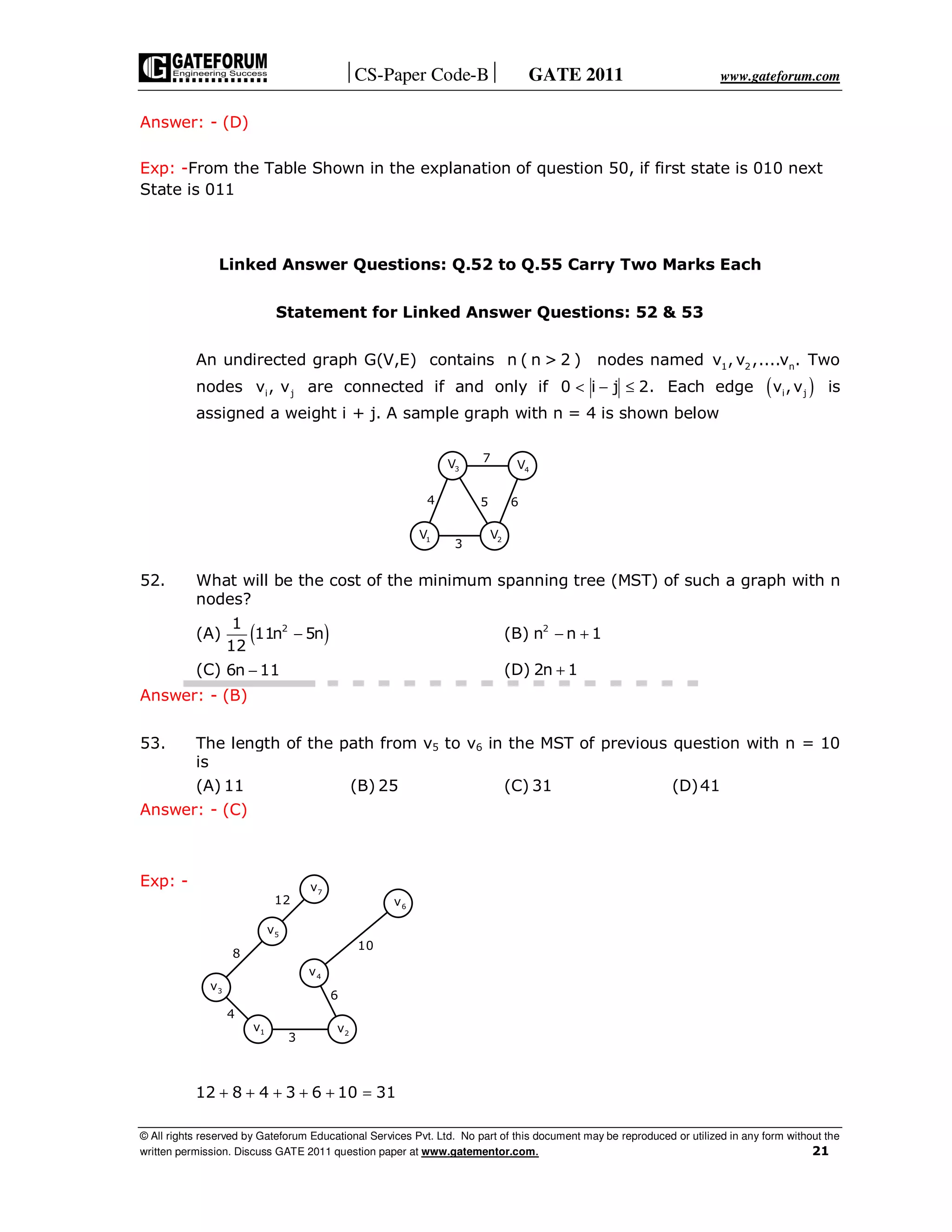 CS-Paper Code-B GATE 2011 www.gateforum.com
© All rights reserved by Gateforum Educational Services Pvt. Ltd. No part of this document may be reproduced or utilized in any form without the
written permission. Discuss GATE 2011 question paper at www.gatementor.com. 21
Answer: - (D)
Exp: -From the Table Shown in the explanation of question 50, if first state is 010 next
State is 011
Linked Answer Questions: Q.52 to Q.55 Carry Two Marks Each
Statement for Linked Answer Questions: 52 & 53
An undirected graph G(V,E) contains n ( n > 2 ) nodes named 1 2 nv , v ,....v . Two
nodes i jv , v are connected if and only if 0 i j 2.< − ≤ Each edge ( )i jv ,v is
assigned a weight i + j. A sample graph with n = 4 is shown below
52. What will be the cost of the minimum spanning tree (MST) of such a graph with n
nodes?
(A) ( )21
11n 5n
12
− (B) 2
n n 1− +
(C) 6n 11− (D) 2n 1+
Answer: - (B)
53. The length of the path from v5 to v6 in the MST of previous question with n = 10
is
(A) 11 (B) 25 (C) 31 (D)41
Answer: - (C)
Exp: -
12 8 4 3 6 10 31+ + + + + =
7
5 6
3
4
2V1V
3V 4V
12
4
8
3
6
10
7v
5v
3v
1v 2v
4v
6v
 