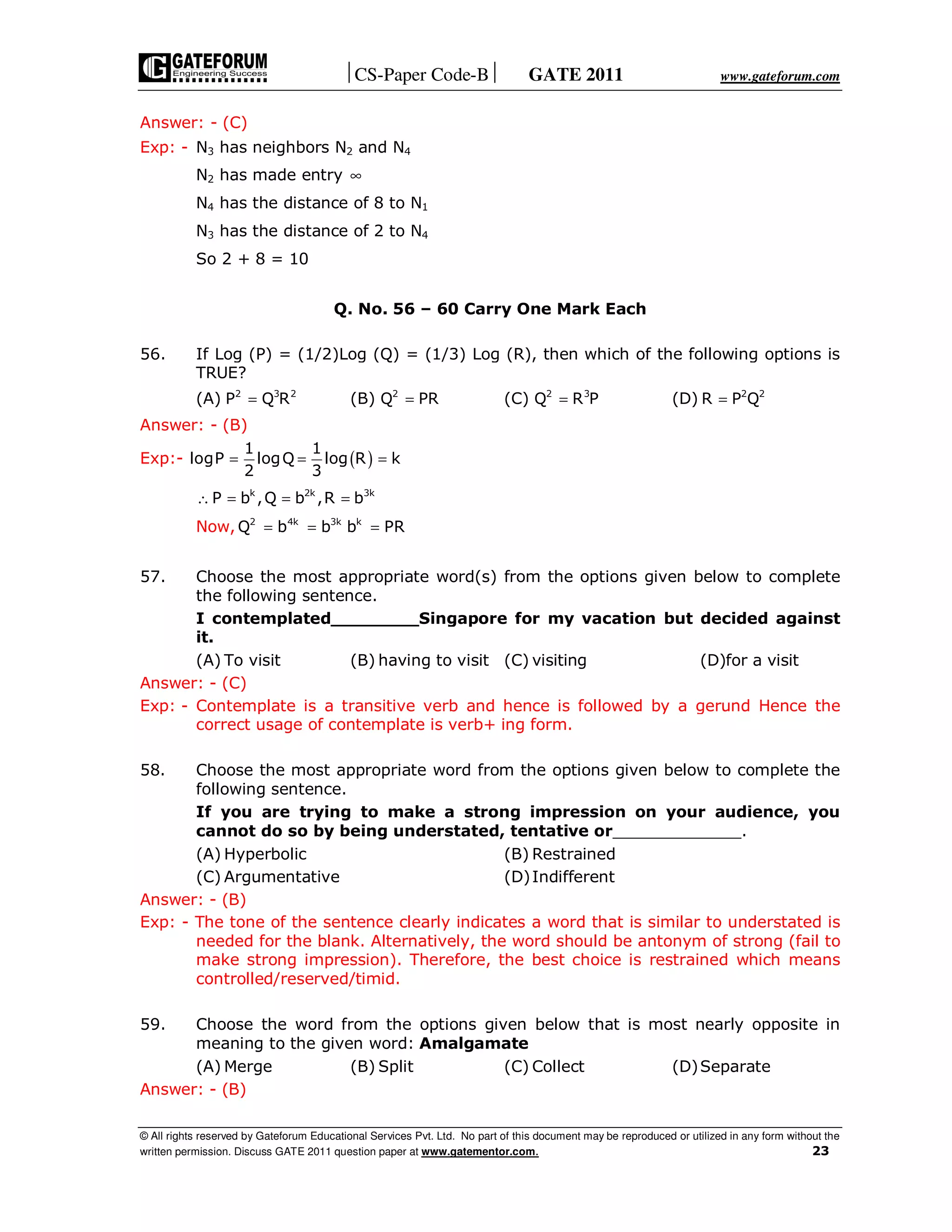 CS-Paper Code-B GATE 2011 www.gateforum.com
© All rights reserved by Gateforum Educational Services Pvt. Ltd. No part of this document may be reproduced or utilized in any form without the
written permission. Discuss GATE 2011 question paper at www.gatementor.com. 23
Answer: - (C)
Exp: - N3 has neighbors N2 and N4
N2 has made entry ∞
N4 has the distance of 8 to N1
N3 has the distance of 2 to N4
So 2 + 8 = 10
Q. No. 56 – 60 Carry One Mark Each
56. If Log (P) = (1/2)Log (Q) = (1/3) Log (R), then which of the following options is
TRUE?
(A) 2 3 2
P Q R= (B) 2
Q PR= (C) 2 3
Q R P= (D) 2 2
R P Q=
Answer: - (B)
Exp:- ( )
1 1
logP logQ log R k
2 3
= = =
k 2k 3k
P b ,Q b ,R b∴ = = =
Now, 2 4k 3k k
Q b b b PR= = =
57. Choose the most appropriate word(s) from the options given below to complete
the following sentence.
I contemplated________Singapore for my vacation but decided against
it.
(A) To visit (B) having to visit (C) visiting (D)for a visit
Answer: - (C)
Exp: - Contemplate is a transitive verb and hence is followed by a gerund Hence the
correct usage of contemplate is verb+ ing form.
58. Choose the most appropriate word from the options given below to complete the
following sentence.
If you are trying to make a strong impression on your audience, you
cannot do so by being understated, tentative or_____________.
(A) Hyperbolic (B) Restrained
(C) Argumentative (D)Indifferent
Answer: - (B)
Exp: - The tone of the sentence clearly indicates a word that is similar to understated is
needed for the blank. Alternatively, the word should be antonym of strong (fail to
make strong impression). Therefore, the best choice is restrained which means
controlled/reserved/timid.
59. Choose the word from the options given below that is most nearly opposite in
meaning to the given word: Amalgamate
(A) Merge (B) Split (C) Collect (D)Separate
Answer: - (B)
 