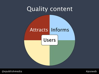 Quality content


                 Attracts Informs

                      Users




@epublishmedia                      #pseweb
 