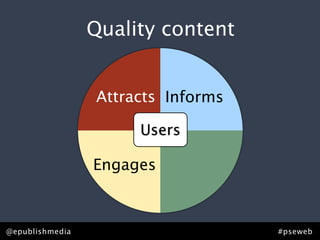 Quality content


                 Attracts Informs

                      Users

                 Engages



@epublishmedia                      #pseweb
 