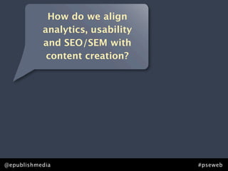 How do we align
           analytics, usability
           and SEO/SEM with
            content creation?




@epublishmedia                    #pseweb
 