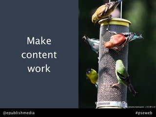 Make
        content
         work


                  http://www.ﬂickr.com/photos/tomsaint/ / CC BY 2.0


@epublishmedia                                #pseweb
 