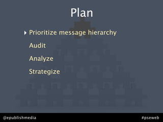 Plan
        ‣ Prioritize message hierarchy
           Audit

           Analyze

           Strategize




@epublishmedia                           #pseweb
 