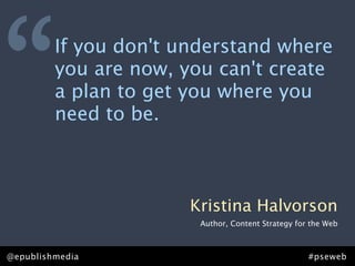 “        If you don't understand where
         you are now, you can't create
         a plan to get you where you
         need to be.



                       Kristina Halvorson
                        Author, Content Strategy for the Web



@epublishmedia                                      #pseweb
 