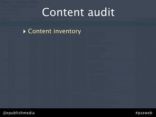 Content audit
        ‣ Content inventory




@epublishmedia                   #pseweb
 