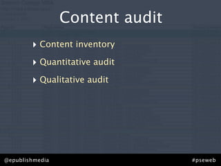 Content audit
        ‣ Content inventory
        ‣ Quantitative audit
        ‣ Qualitative audit




@epublishmedia                   #pseweb
 