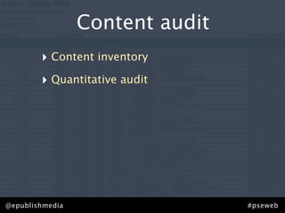 Content audit
        ‣ Content inventory
        ‣ Quantitative audit




@epublishmedia                   #pseweb
 