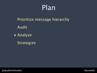 Plan
           Prioritize message hierarchy

           Audit

        ‣ Analyze
           Strategize




@epublishmedia...