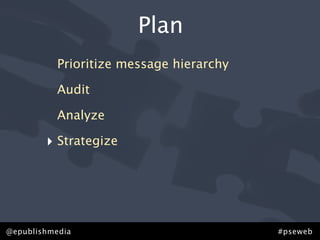 Plan
           Prioritize message hierarchy

           Audit

           Analyze

        ‣ Strategize




@epublishmedi...