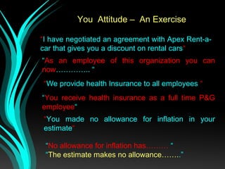 You Attitude – An Exercise
“I have negotiated an agreement with Apex Rent-a-
car that gives you a discount on rental cars“
“As an employee of this organization you can
now………….. “
“We provide health Insurance to all employees “
“You receive health insurance as a full time P&G
employee“
“You made no allowance for inflation in your
estimate“
“No allowance for inflation has……… “
“The estimate makes no allowance……..”
 