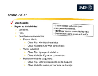 Clasificación
Según su Variabilidad
Variables.
Fijos.
Semifijos o semivariables:
COSTOS - “C.I.F.”
Fuerza Motriz:
Clave Fija: Kilo Watt instalados
Clave Variable: Kilo Watt consumidos
Vapor Industrial
Clave Fija: Kg vapor instalados
Clave Variable: Kg vapor consumidos
Mantenimiento de Maquinaria:
Clave Fija: valor de reposición de la máquina
Clave Variable: orden permanente de trabajo.
 
