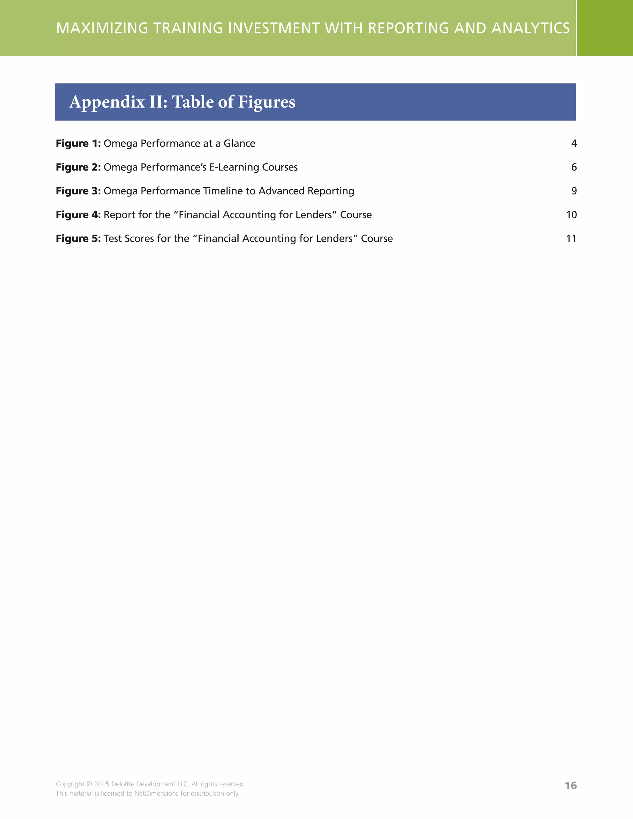 16
MAXIMIZING TRAINING INVESTMENT WITH REPORTING AND ANALYTICS
Copyright © 2015 Deloitte Development LLC. All rights reserved.
This material is licensed to NetDimensions for distribution only.
Figure 1: Omega Performance at a Glance	 4
Figure 2: Omega Performance’s E-Learning Courses	 6
Figure 3: Omega Performance Timeline to Advanced Reporting	 9
Figure 4: Report for the “Financial Accounting for Lenders” Course	 10
Figure 5: Test Scores for the “Financial Accounting for Lenders” Course	 11
Appendix II: Table of Figures
 