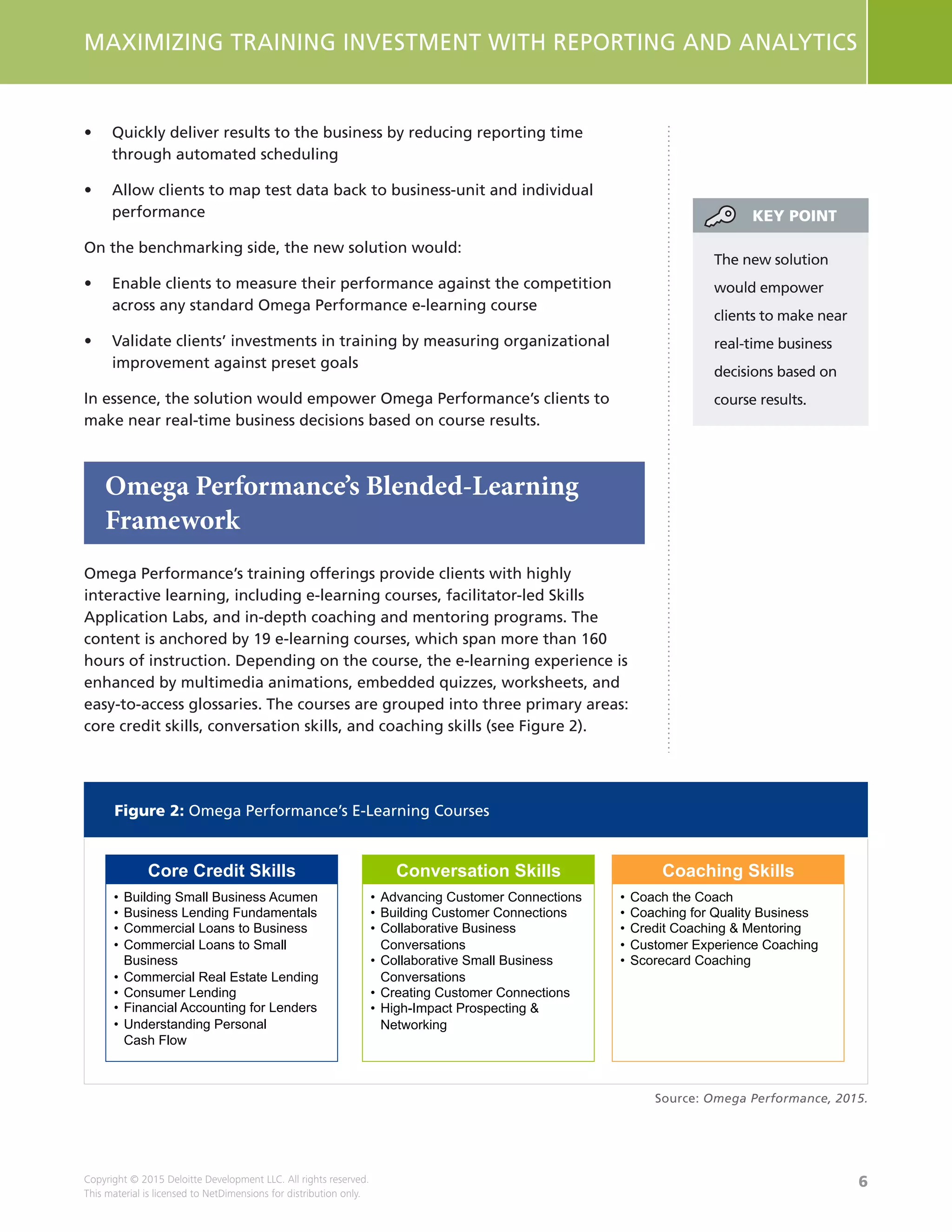 6
MAXIMIZING TRAINING INVESTMENT WITH REPORTING AND ANALYTICS
Copyright © 2015 Deloitte Development LLC. All rights reserved.
This material is licensed to NetDimensions for distribution only.
•	 Quickly deliver results to the business by reducing reporting time
through automated scheduling
•	 Allow clients to map test data back to business-unit and individual
performance
On the benchmarking side, the new solution would:
•	 Enable clients to measure their performance against the competition
across any standard Omega Performance e-learning course
•	 Validate clients’ investments in training by measuring organizational
improvement against preset goals
In essence, the solution would empower Omega Performance’s clients to
make near real-time business decisions based on course results.
Omega Performance’s Blended-Learning
Framework
Omega Performance’s training offerings provide clients with highly
interactive learning, including e-learning courses, facilitator-led Skills
Application Labs, and in-depth coaching and mentoring programs. The
content is anchored by 19 e-learning courses, which span more than 160
hours of instruction. Depending on the course, the e-learning experience is
enhanced by multimedia animations, embedded quizzes, worksheets, and
easy-to-access glossaries. The courses are grouped into three primary areas:
core credit skills, conversation skills, and coaching skills (see Figure 2).
The new solution
would empower
clients to make near
real-time business
decisions based on
course results.
KEY POINT
Source: Omega Performance, 2015.
Figure 2: Omega Performance’s E-Learning Courses
Conversation Skills
• Advancing Customer Connections
• Building Customer Connections
• Collaborative Business
Conversations
• Collaborative Small Business
Conversations
• Creating Customer Connections
• High-Impact Prospecting 
Networking
Core Credit Skills
• Building Small Business Acumen
• Business Lending Fundamentals
• Commercial Loans to Business
• Commercial Loans to Small
Business
• Commercial Real Estate Lending
• Consumer Lending
• Financial Accounting for Lenders
• Understanding Personal
Cash Flow
Coaching Skills
• Coach the Coach
• Coaching for Quality Business
• Credit Coaching  Mentoring
• Customer Experience Coaching
• Scorecard Coaching
 