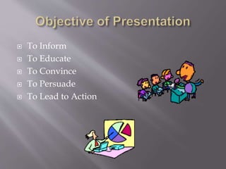  To Inform 
 To Educate 
 To Convince 
 To Persuade 
 To Lead to Action 
 