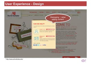 Messaging – value
adding content.!
* http://www.artinstitutes.edu/
User Experience - Design
 