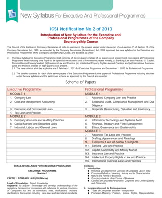 New Syllabus For Executive And Professional Programmes
                                            ICSI Notification No.2 of 2013
                                   Introduction of New Syllabus for the Executive and
                                        Professional Programmes of the Company
                                                  Secretaryship Course
The Council of the Institute of Company Secretaries of India in exercise of the powers vested under clause (a) of sub-section (2) of Section 15 of the
Company Secretaries Act, 1980, as amended by the Company Secretaries (Amendment) Act, 2006 approved the new syllabus for the Executive and
Professional Programmes of the Company Secretaryship Course, and decided as under:

2.    The New Syllabus for Executive Programme shall comprise of Seven papers instead of six papers as at present and nine papers at Professional
      Programme level including one Paper to be opted by the students out of five elective papers namely, (i) Banking Law and Practice; (ii) Capital,
      Commodities and Money Market; (iii) Insurance Law and Practice; (iv) Intellectual Property Rights-Law and Practice; and (v) International Business-
      Laws and Practice, instead of eight papers as at present.
      2.1 The new syllabus shall be applicable w.e.f. February 1, 2013 for Executive Programme and September 1, 2013 for Professional Programme.

      2.2 The detailed contents for each of the seven papers of the Executive Programme & nine papers of Professional Programme including electives
          under the new syllabus and the switchover scheme as approved by the Council are as under:

                                                             Scheme of Papers
Executive Programme                                                              Professional Programme
     MODULE 1                                                                    MODULE 1
     1. Company Law                                                              1.     Advanced Company Law and Practice
     2. Cost and Management Accounting                                           2.     Secretarial Audit, Compliance Management and Due
                                                                                        Diligence
     3. Economic and Commercial Laws                                             3.     Corporate Restructuring, Valuation and Insolvency
     4. Tax Laws and Practice
     MODULE 2                                                                    MODULE 2
     5. Company Accounts and Auditing Practices                                  4.     Information Technology and Systems Audit
     6. Capital Markets and Securities Laws                                      5.     Financial, Treasury and Forex Management
     7. Industrial, Labour and General Laws                                      6.     Ethics, Governance and Sustainability
                                                                                 MODULE 3
                                                                                 7.     Advanced Tax Laws and Practice
                                                                                 8.     Drafting, Appearances and Pleadings
                                                                                 9.     Electives 1 out of below 5 subjects
                                                                                 9.1.   Banking Law and Practice
                                                                                 9.2.   Capital, Commodity and Money Market
                                                                                 9.3.   Insurance Law and Practice
                                                                                 9.4.   Intellectual Property Rights - Law and Practice
                                                                                 9.5.   International Business-Laws and Practices
       DETAILED SYLLABUS FOR EXECUTIVE PROGRAMME                                Contents:
                                                                                1. Introduction
                       EXECUTIVE PROGRAMME                                         l Historical Development of Concept of Corporate Law in India
                             Module 1                                              l Company-Definition, Meaning, Nature and its Characteristics
                                                                                   l Nature and Forms of Business
PAPER 1: COMPANY LAW (100 Marks)                                                   l Company vis-à-vis other Forms of Business
                                                                                   l Concept of Corporate Personality, Corporate Veil, Limited Liability
Level of Knowledge: Expert Knowledge                                                   and Citizenship
Objective: To acquire knowledge and develop understanding of the
regulatory framework of companies with reference to various provisions          2. Incorporation and its Consequences
of Companies Act and its schedules, rules, notifications, circulars,               l Types of Companies and their incorporation
clarifications there under including case laws and Secretarial standards.          l Promoters-Meaning, Position, Duties, Rights, Responsibilities




 236
February 2013                                                                                                                     CHARTERED SECRETARY
 