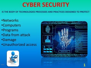 •Networks
•Computers
•Programs
•Data from attack
•Damage
•Unauthorized access
CYBER SECURITY
1
IS THE BODY OF TECHNOLOGIES PROCESSES AND PRACTICES DESIGNED TO PROTECT
Jatins
 