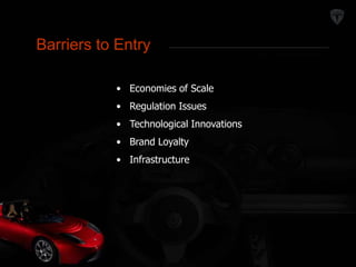 Entry 
Barriers to Entry 
• Economies of Scale 
• Regulation Issues 
• Technological Innovations 
• Brand Loyalty 
• Infrastructure 
 