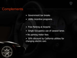 Complements 
Complements 
• Government tax breaks 
• Utility incentive programs 
• Free Parking at Airports 
• Single Occupancy use of carpool lanes 
• No parking meter fees 
• 50% discount by California utilities for 
changing electric cars 
 