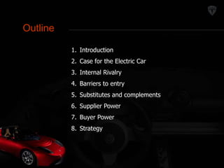 Outline 
Outline 
1. Introduction 
2. Case for the Electric Car 
3. Internal Rivalry 
4. Barriers to entry 
5. Substitutes and complements 
6. Supplier Power 
7. Buyer Power 
8. Strategy 
 