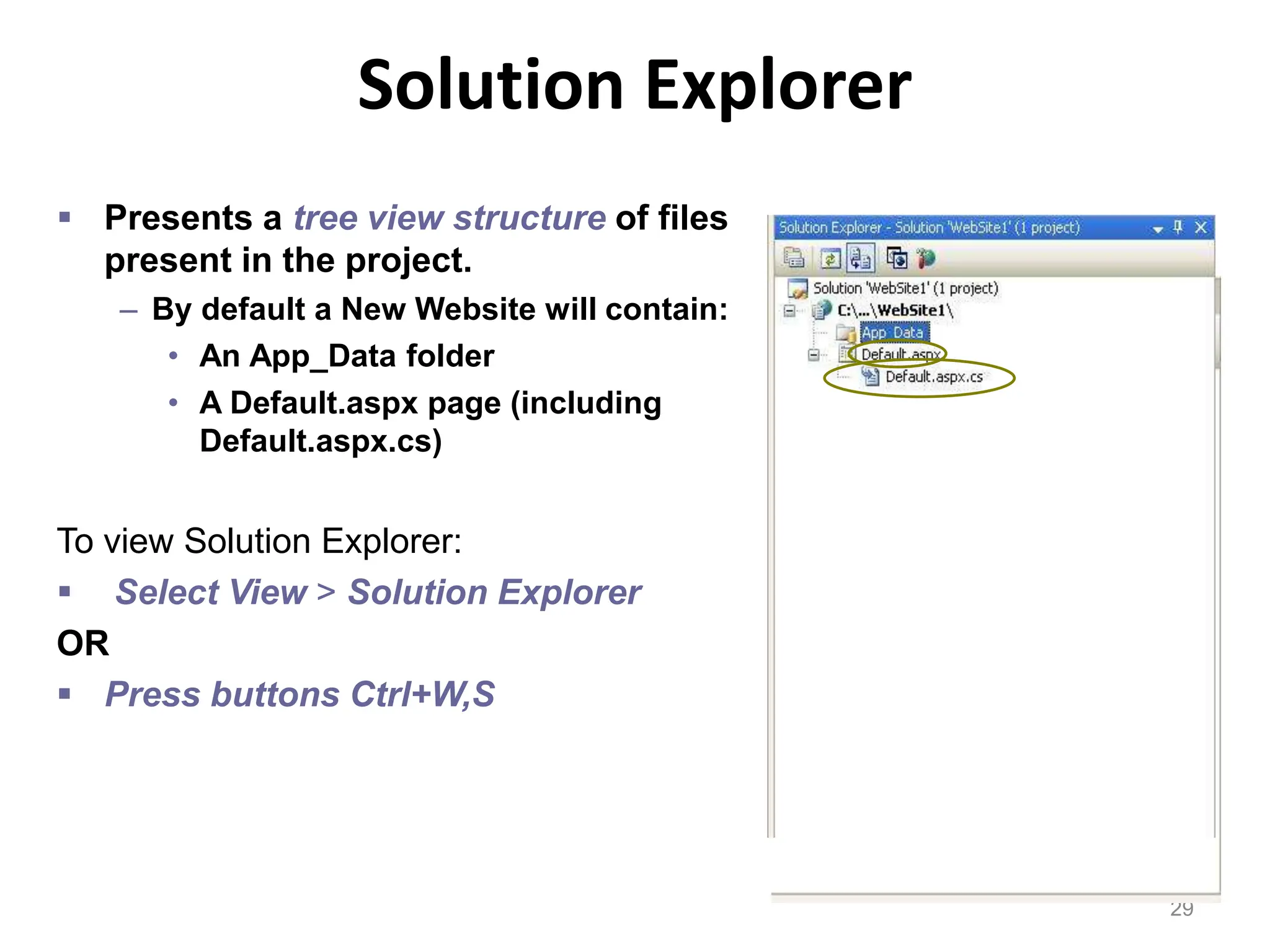 Solution Explorer
29
 Presents a tree view structure of files
present in the project.
– By default a New Website will contain:
• An App_Data folder
• A Default.aspx page (including
Default.aspx.cs)
To view Solution Explorer:
 Select View > Solution Explorer
OR
 Press buttons Ctrl+W,S
 