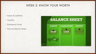 WEEK 5: KNOW YOUR WORTH
• Assets & Liabilities
• Liquidity
• Emergency Funds
• Personal Balance Sheet
 