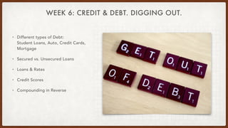 WEEK 6: CREDIT & DEBT. DIGGING OUT.
• Different types of Debt:
Student Loans, Auto, Credit Cards,
Mortgage
• Secured vs. U...