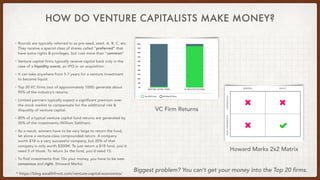 HOW DO VENTURE CAPITALISTS MAKE MONEY?
• Rounds are typically referred to as pre-seed, seed, A, B, C, etc.
They receive a special class of shares called "preferred” that
have extra rights & privileges, but cost more than “common”
• Venture capital firms typically receive capital back only in the
case of a liquidity event, an IPO or an acquisition.
• It can take anywhere from 5-7 years for a venture investment
to become liquid.
• Top 20 VC firms (out of approximately 1000) generate about
95% of the industry’s returns.
• Limited partners typically expect a significant premium over
the stock market to compensate for the additional risk &
illiquidity of venture capital.
• 80% of a typical venture capital fund returns are generated by
20% of the investments (William Sahlman).
• As a result, winners have to be very large to return the fund,
let alone a venture-class compounded return. A company
worth $1B is a very successful company, but 20% of that
company is only worth $200M. To just return a $1B fund, you’d
need 5 of those. To return 3x the fund, you’d need 15.
• To find investments that 10x your money, you have to be non-
consensus and right. (Howard Marks)
Howard Marks 2x2 Matrix
VC Firm Returns
* https://blog.wealthfront.com/venture-capital-economics/
Biggest problem? You can’t get your money into the Top 20 firms.
 