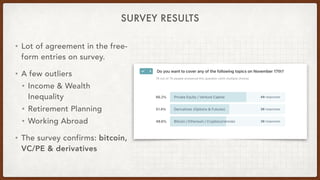 SURVEY RESULTS
• Lot of agreement in the free-
form entries on survey.


• A few outliers


• Income & Wealth
Inequality

...