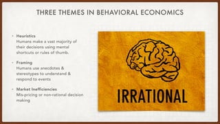 THREE THEMES IN BEHAVIORAL ECONOMICS
• Heuristics
Humans make a vast majority of
their decisions using mental
shortcuts or...
