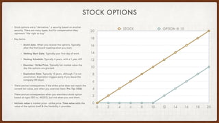 STOCK OPTIONS
• Stock options are a “derivative,” a security based on another
security. There are many types, but for comp...