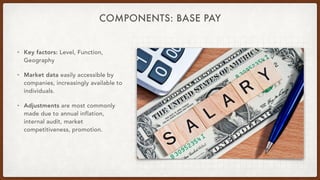 COMPONENTS: BASE PAY
• Key factors: Level, Function,
Geography
• Market data easily accessible by
companies, increasingly ...