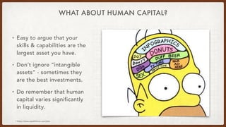 WHAT ABOUT HUMAN CAPITAL?
• Easy to argue that your
skills & capabilities are the
largest asset you have.
• Don’t ignore “...
