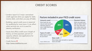 CREDIT SCORES
• Lenders report to 3 major centralized
credit agencies when you apply for debt,
receive debt, and when you ...