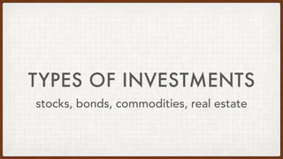 TYPES OF INVESTMENTS
stocks, bonds, commodities, real estate
 