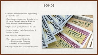 BONDS
• A bond is a debt investment representing a
portion of a loan.


• Maturity date, coupon rate & market price
all ma...