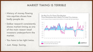 MARKET TIMING IS TERRIBLE
• History of money flowing
into equities shows how
badly people do.


• Dalbar research consiste...