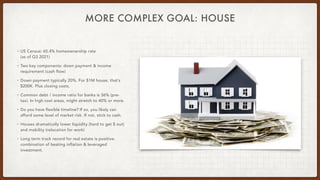 MORE COMPLEX GOAL: HOUSE
• US Census: 65.4% homeownership rate
 
(as of Q3 2021)


• Two key components: down payment & in...