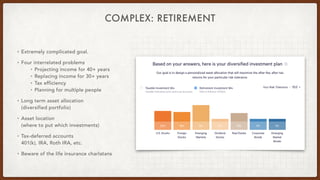 COMPLEX: RETIREMENT
• Extremely complicated goal.


• Four interrelated problems


• Projecting income for 40+ years


• R...