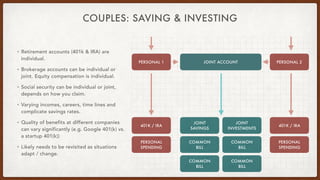 COUPLES: SAVING & INVESTING
• Retirement accounts (401k & IRA) are
individual.
• Brokerage accounts can be individual or
j...