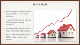 REAL ESTATE
• Real estate is a combination of
land & facilities that occupy
that land.


• Investment real estate typicall...