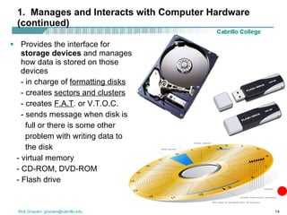 1.  Manages and Interacts with Computer Hardware (continued) Provides the interface for  storage devices  and manages how data is stored on those devices - in charge of  formatting disks - creates  sectors and clusters - creates  F.A.T . or V.T.O.C. - sends message when disk is   full or there is some other    problem with writing data to   the disk - virtual memory - CD-ROM, DVD-ROM - Flash drive 