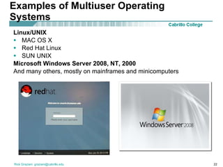 Examples of Multiuser Operating Systems Linux/UNIX   MAC OS X  Red Hat Linux SUN UNIX Microsoft Windows Server 2008, NT, 2000   And many others, mostly on mainframes and minicomputers 